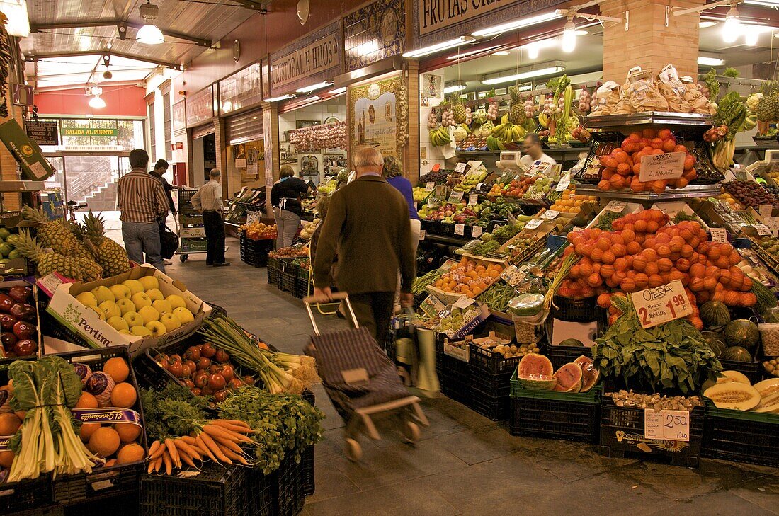 Fruit and vegetable stalls, Triana Market, Seville, Andalucia, Spain, Europe