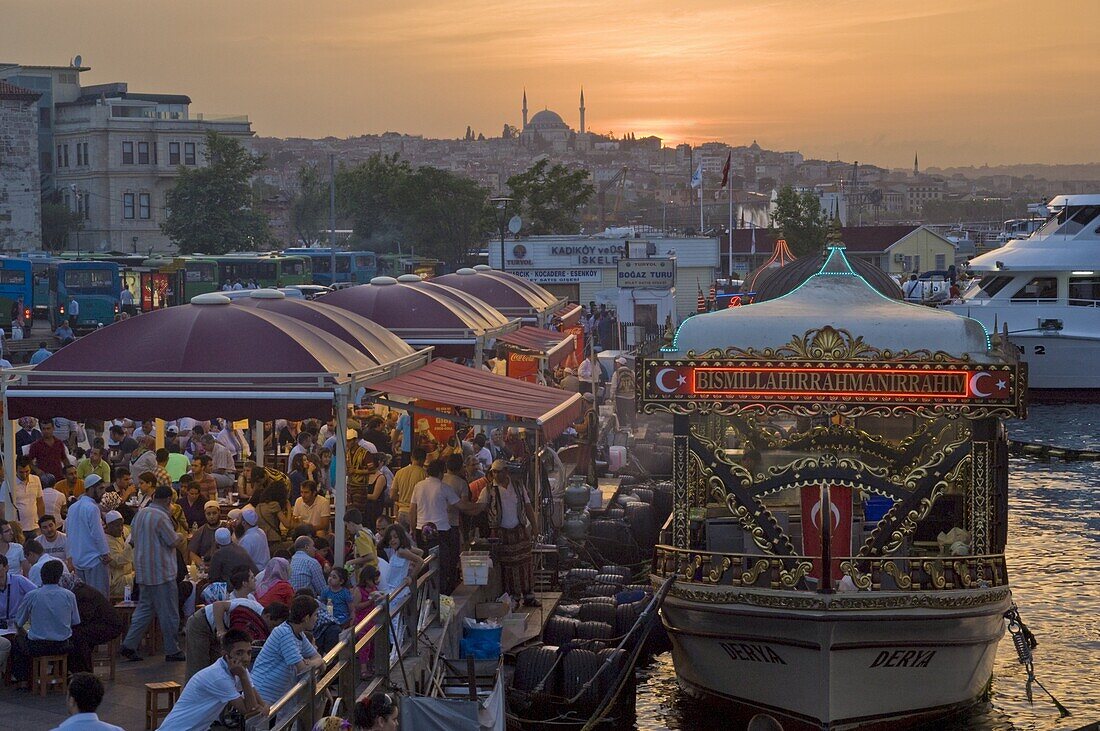 Traditional boats cooking and selling food, Eminonu, Galeta bridge, Istanbul, Turkey, Europe