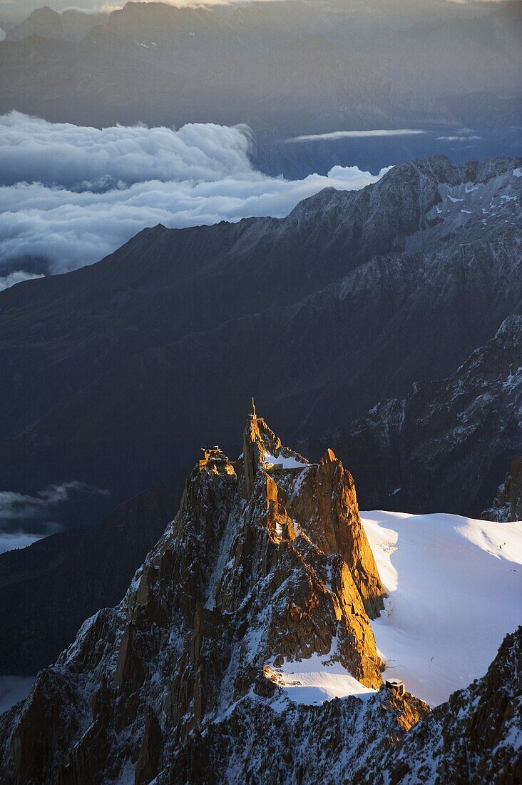 Sunrise on Aiguille du Midi cable car station, Mont Blanc range, Chamonix, French Alps, France, Europe