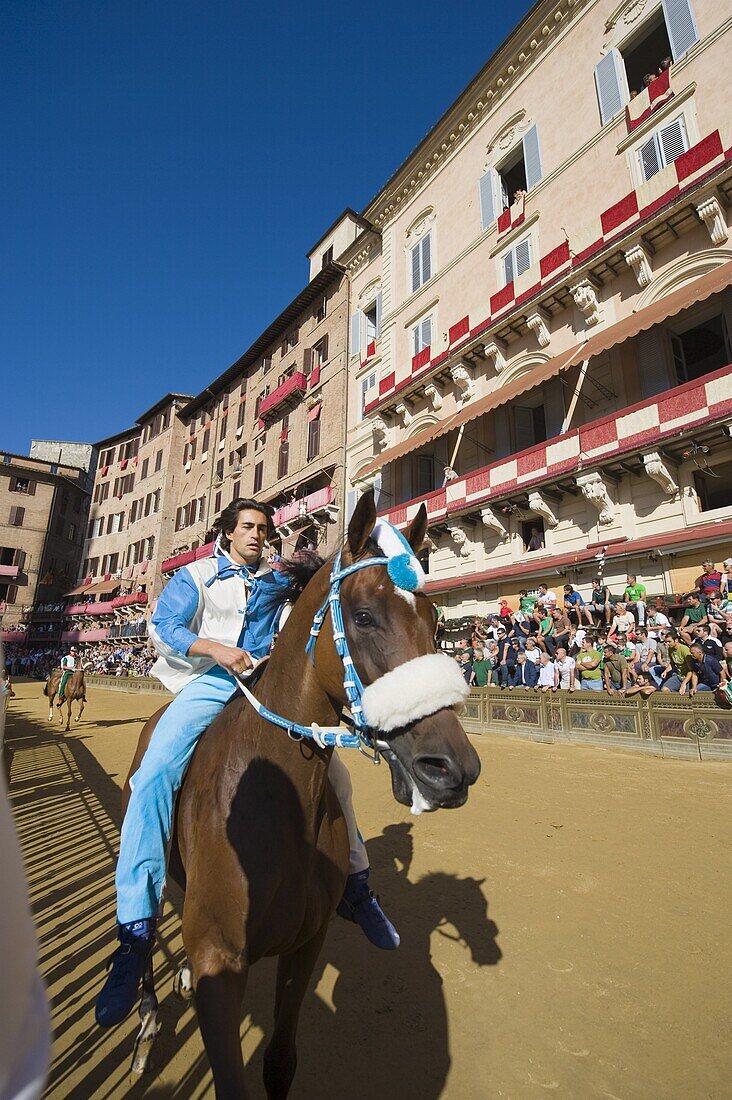 Rider at El Palio horse race festival, Piazza del Campo, Siena, Tuscany, Italy, Europe