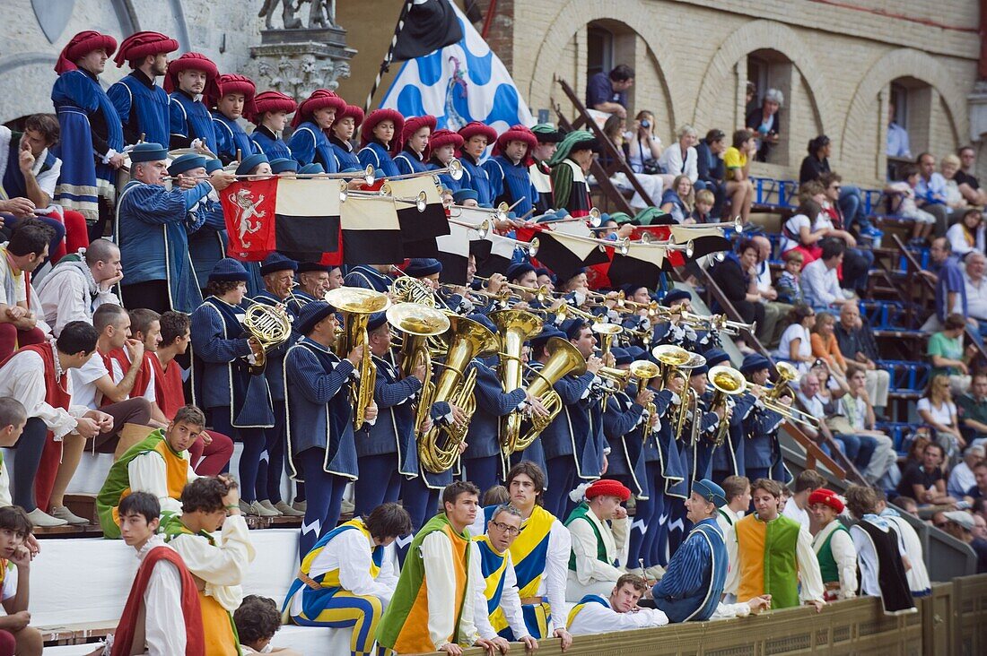 Brass band playing at El Palio horse race festival, Piazza del Campo, Siena, Tuscany, Italy, Europe