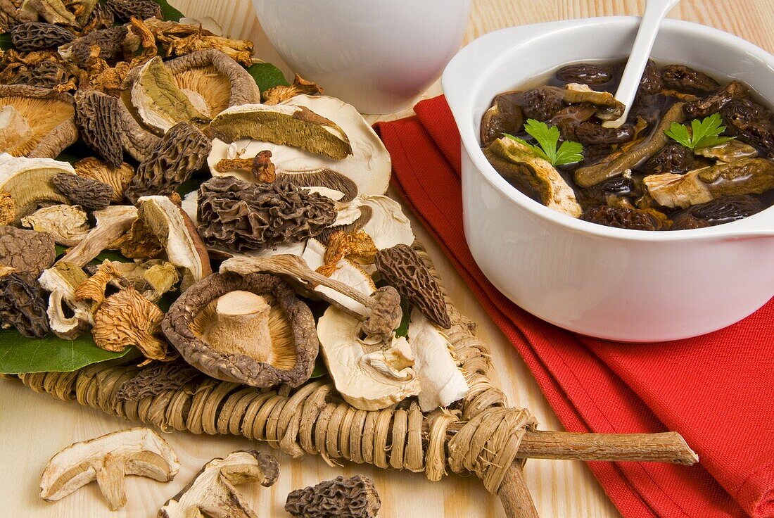 Dried mushrooms, ceps, morels, shitake and chanterelles, Italy, Europe