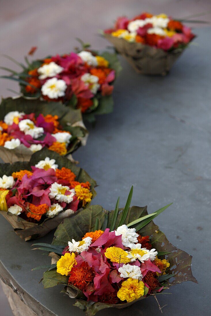 Diyas (floral floats) for sale on Rishikesh ghats, Rishikesh, Uttarakhand, India, Asia
