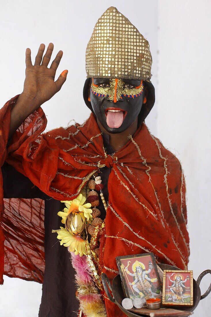 Female sadhu (sadhvia) impersonating goddess Kali at Haridwar Kumbh Mela, Haridwar, Uttarakhand, India, Asia