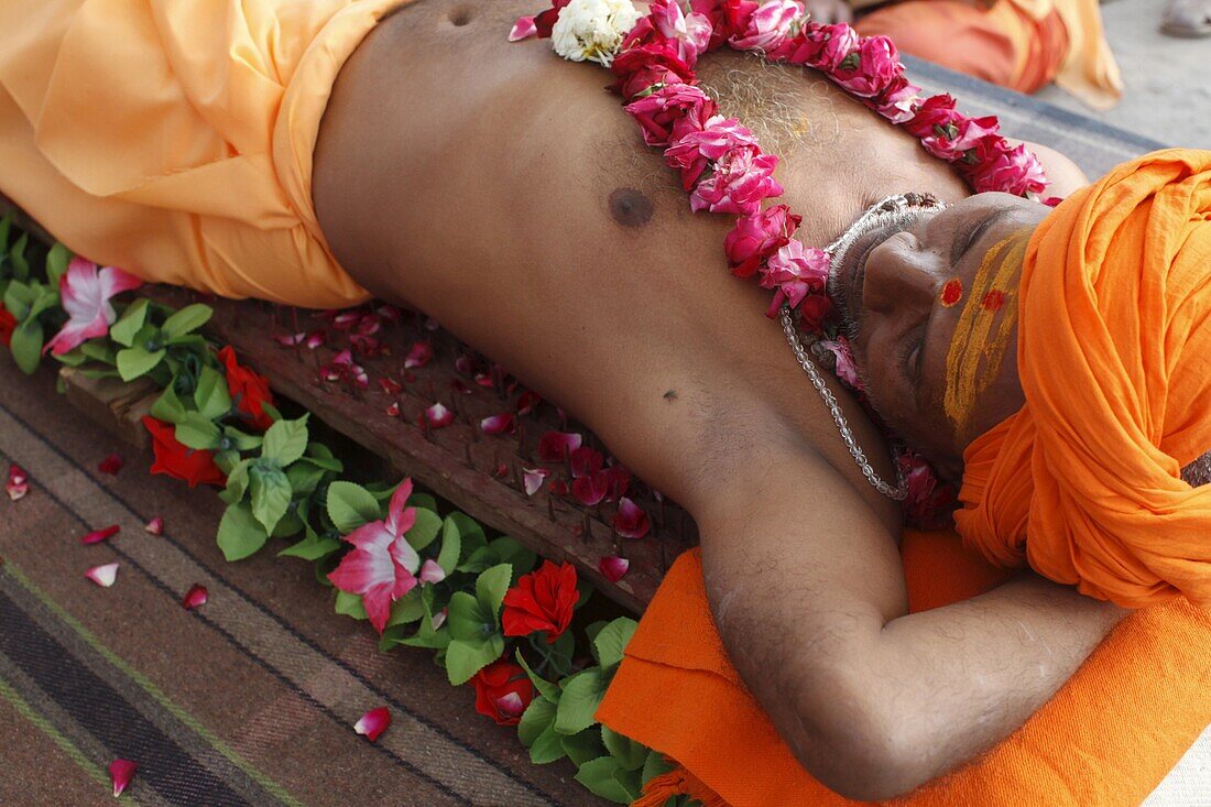 Guru lying on a bed of nails in Pilot Baba camp at Kumbh Mela in Haridwar, Uttarakhand, India, Asia
