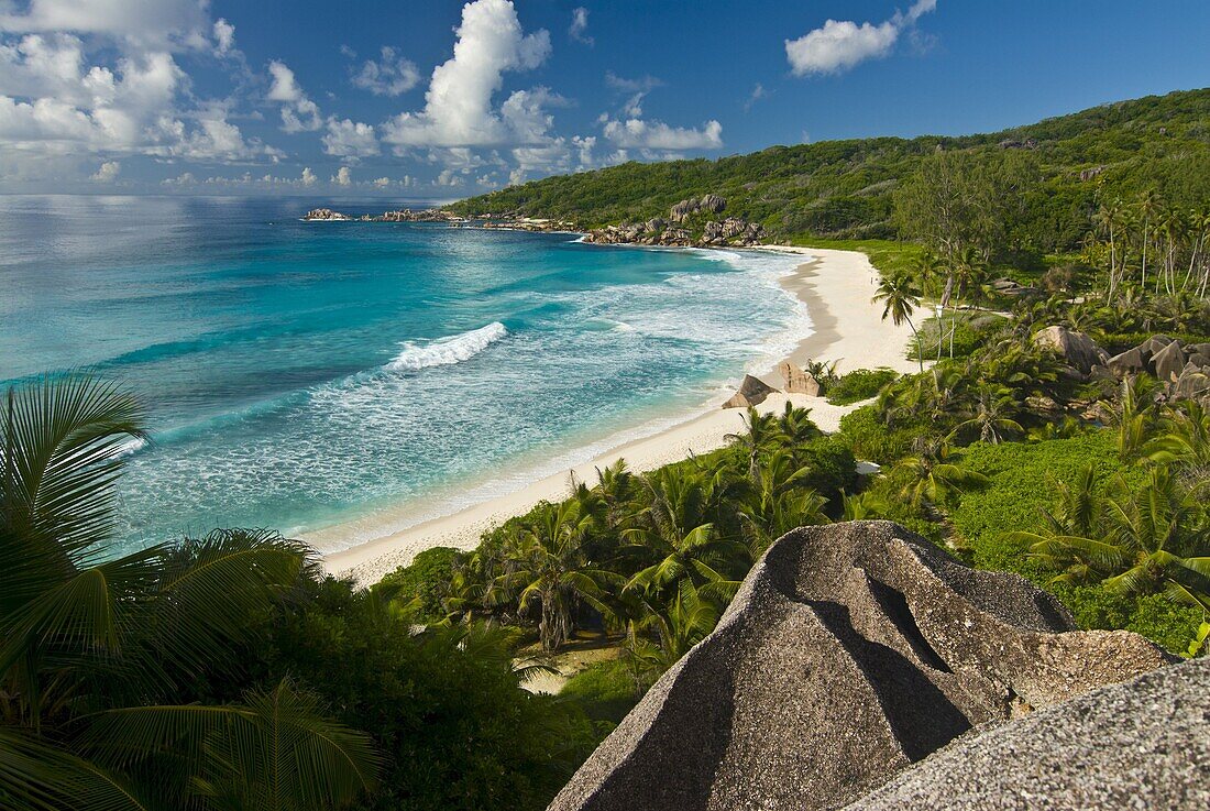 View over the beach of Grand Anse, La Digue, Seychelles, Indian Ocean, Africa