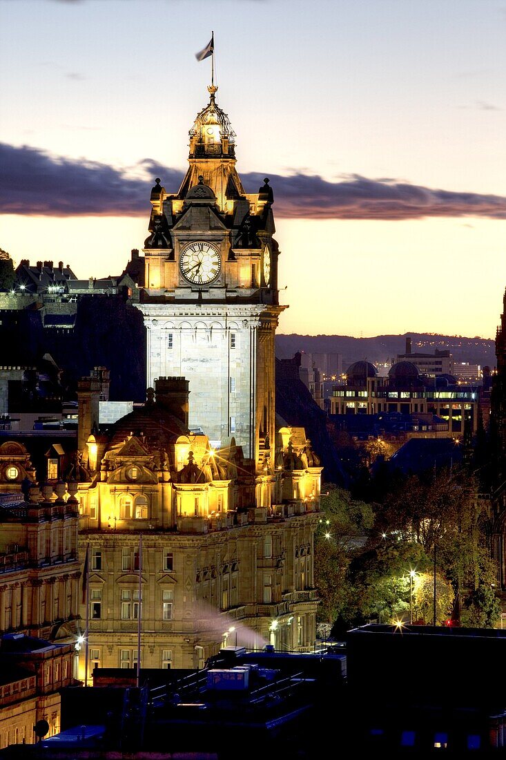 View of Edinburgh at night from Calton Hill showing the floodlit Balmoral Hotel, Edinburgh, Lothian, Scotland, United Kingdom, Europe