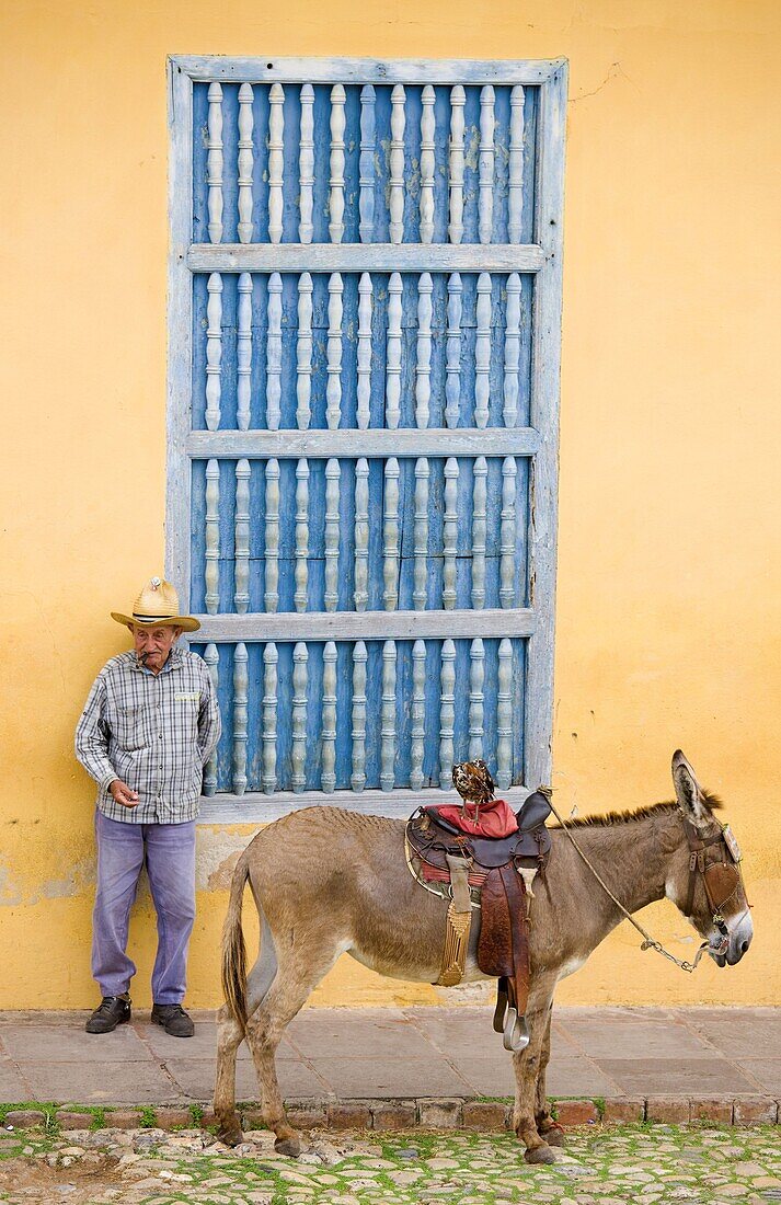 Local man with his donkey outside the Galaria de Arts, Trinidad, Cuba, West Indies, Central America