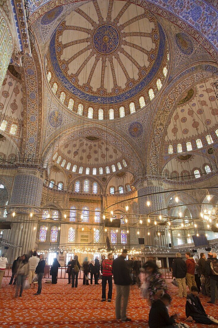 Interior Blue Mosque open for tourists and pilgrim built by Sultan Ahmet I in 1609, designed by architect Mehmet Aga, Istanbul, Turkey, Europe