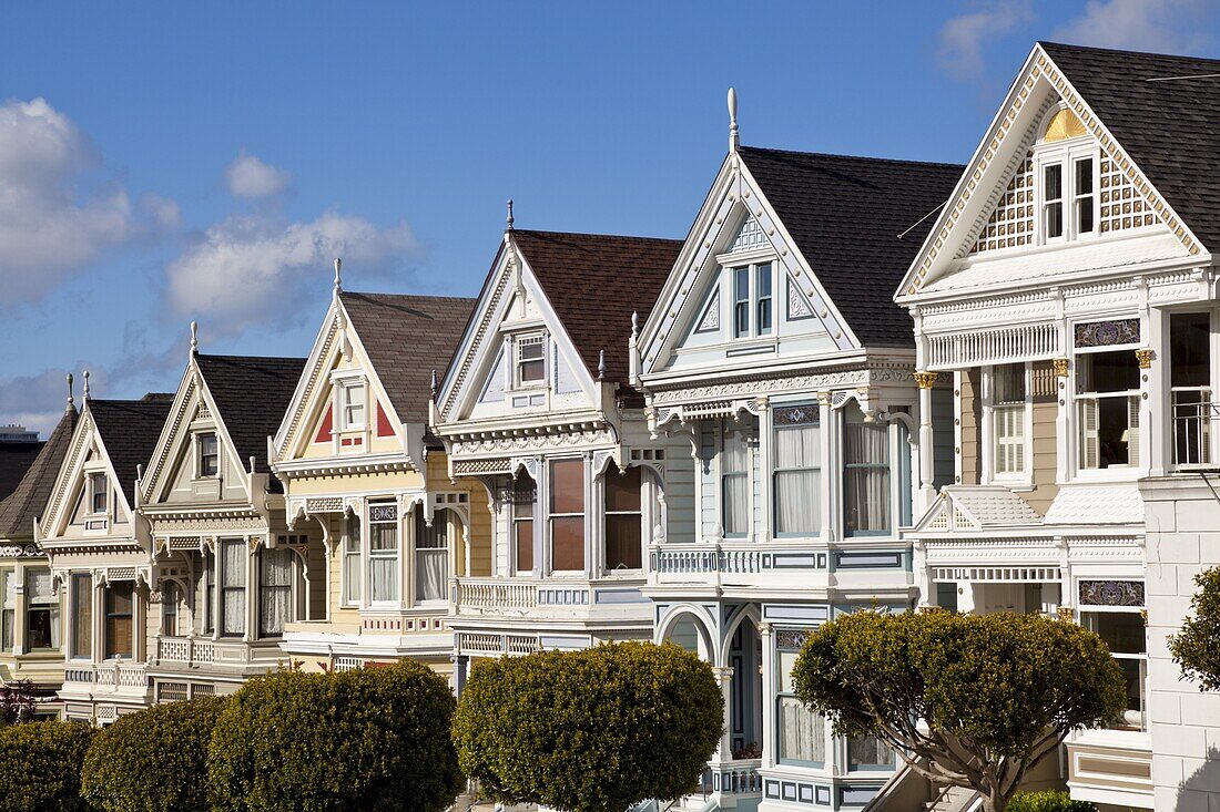 The famous Painted Ladies, well maintained old Victorian houses on Alamo Square, San Francisco, California, United States of America, North America