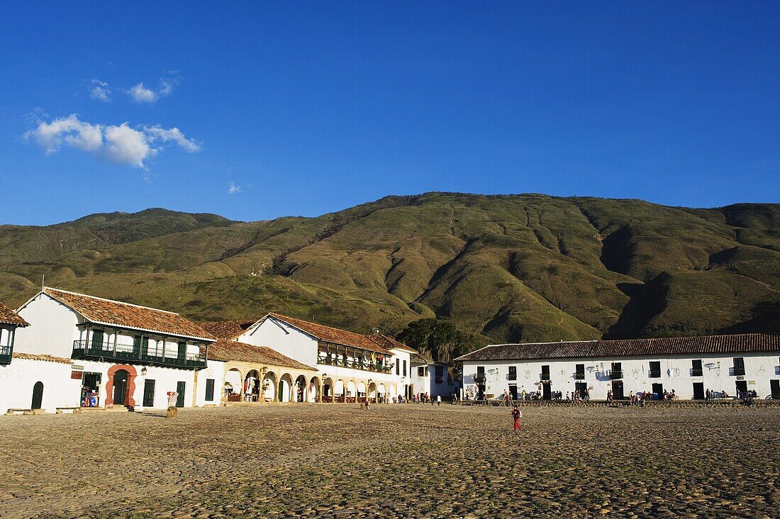 Plaza Mayor, largest public square in Colombia, colonial town of Villa de Leyva, Colombia, South America