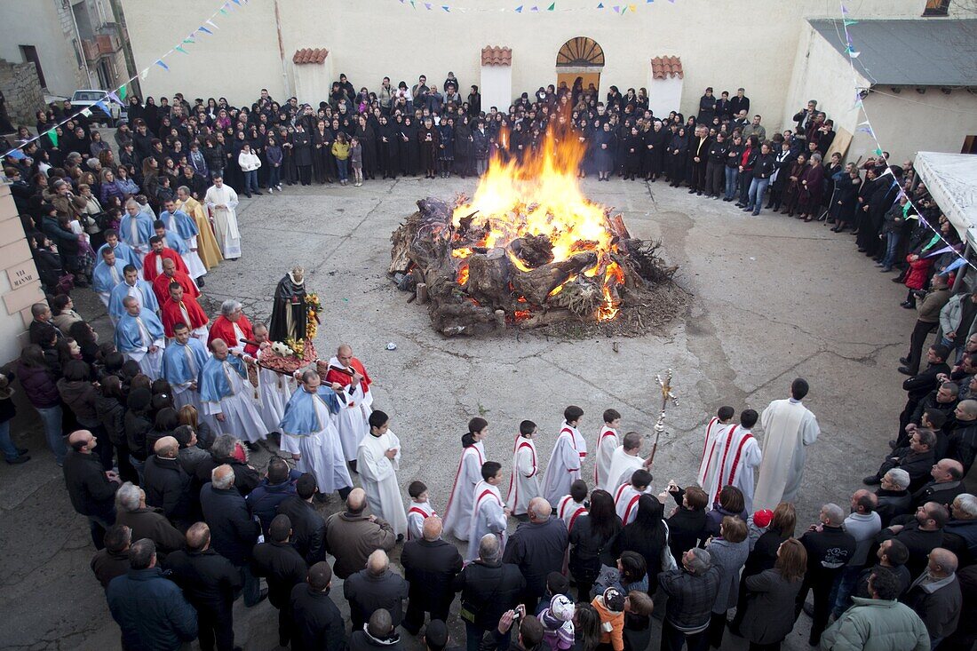 Orgosolo the procession for Saint Antoni's fires markes the beginning of the Sardinian carnival, Orgosolo, Sardinia, Italy, Europe