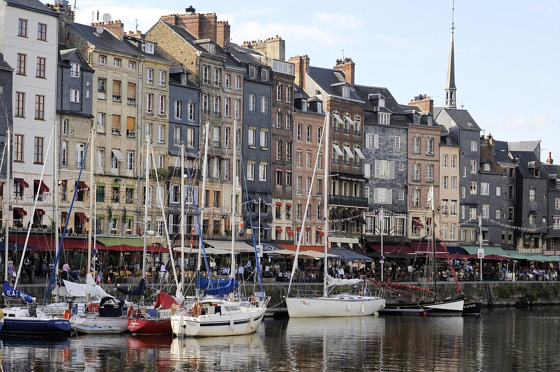 Old Harbour, St. Catherine's Quay and spire of St. Catherine's church behind, Honfleur, Basse Normandie, France, Europe