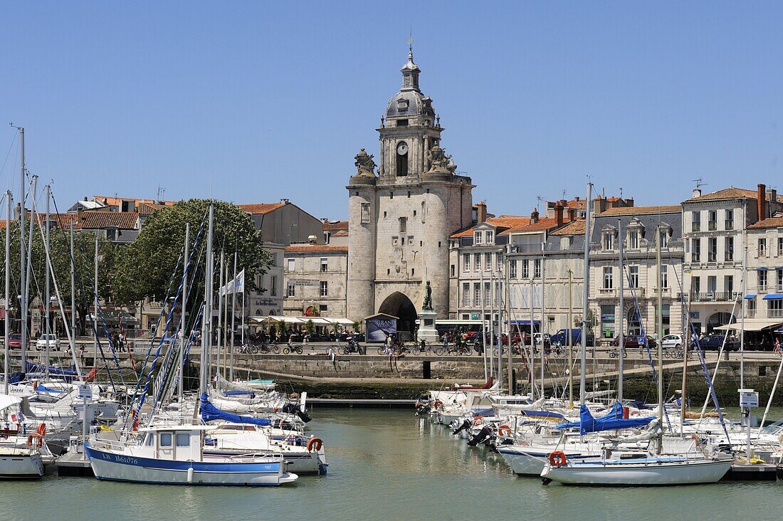 The Great Clock Tower viewed from across Vieux Port, La Rochelle, Charente-Maritime, France, Europe