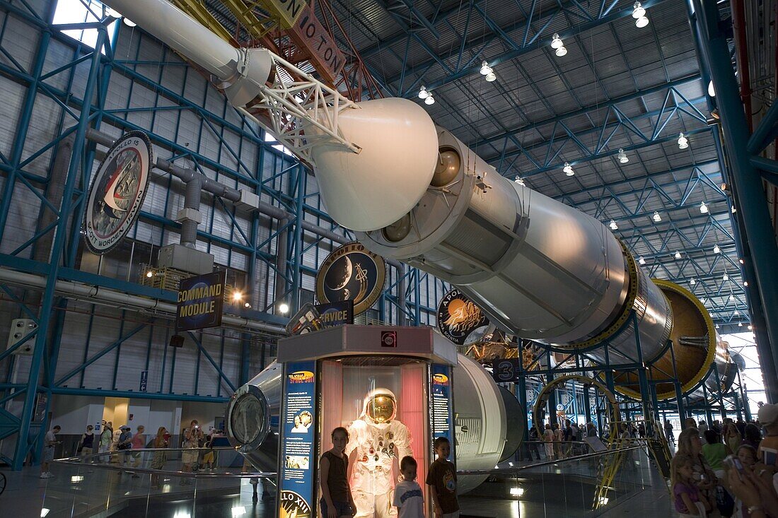 Saturn V rocket, Command and Service modules, and a space suit from Apollo 13, Kennedy Space Center, Cape Canaveral, Florida, United States of America, North America