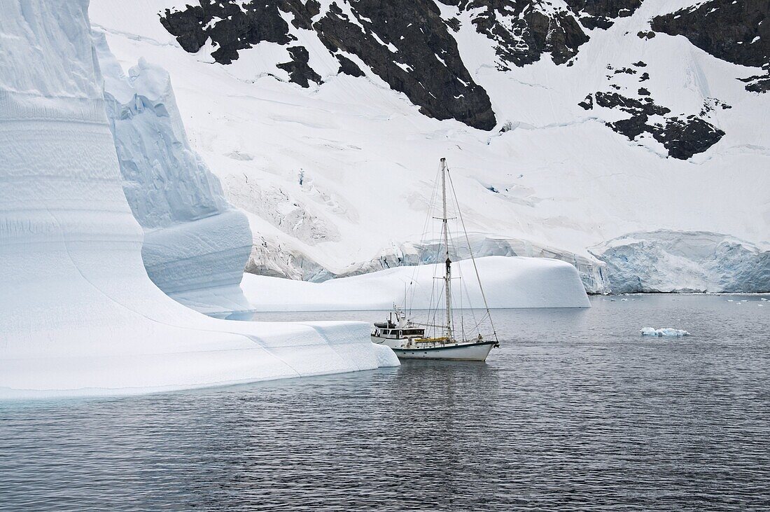 Sailing yacht and iceberg, Errera Channel, Antarctic Peninsula, Antarctica, Polar Regions