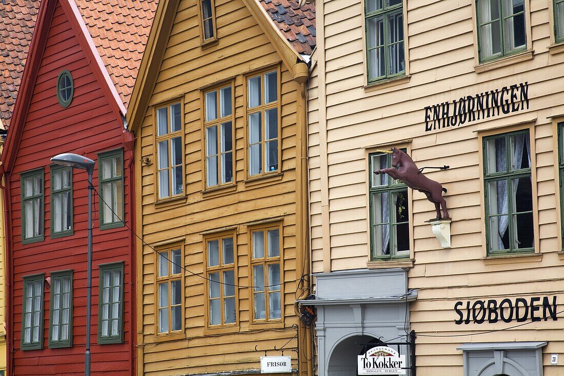 Old warehouses in Bryggen District, Bergen, Hordaland District, Norway, Scandinavia, Europe