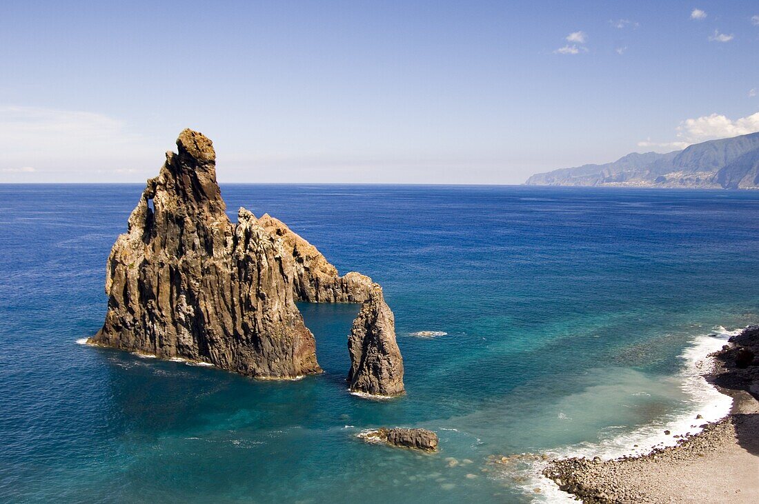 Ilheus da Ribeira da Janela, (islands of the window river) off the north coast, near Ribeira da Janela, Madeira, Portugal, Atlantic, Europe