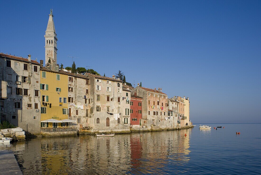 'The Cathedral of St. Euphemia and the old Venetian style buildings of Rovinj at sunrise, Istria, Croatia, Adriatic, Europe'10;'