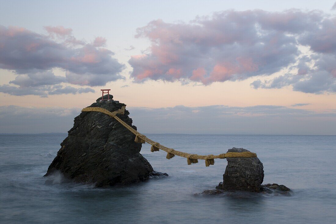 Meoto-Iwa (Wedded Rocks), two rocks considered to be male and female, joined in matrimony by shimenawa (sacred ropes), renewed in a special festival each year, Futami, Ise-Shima, Central Honshu (Chubu), Japan, Asia