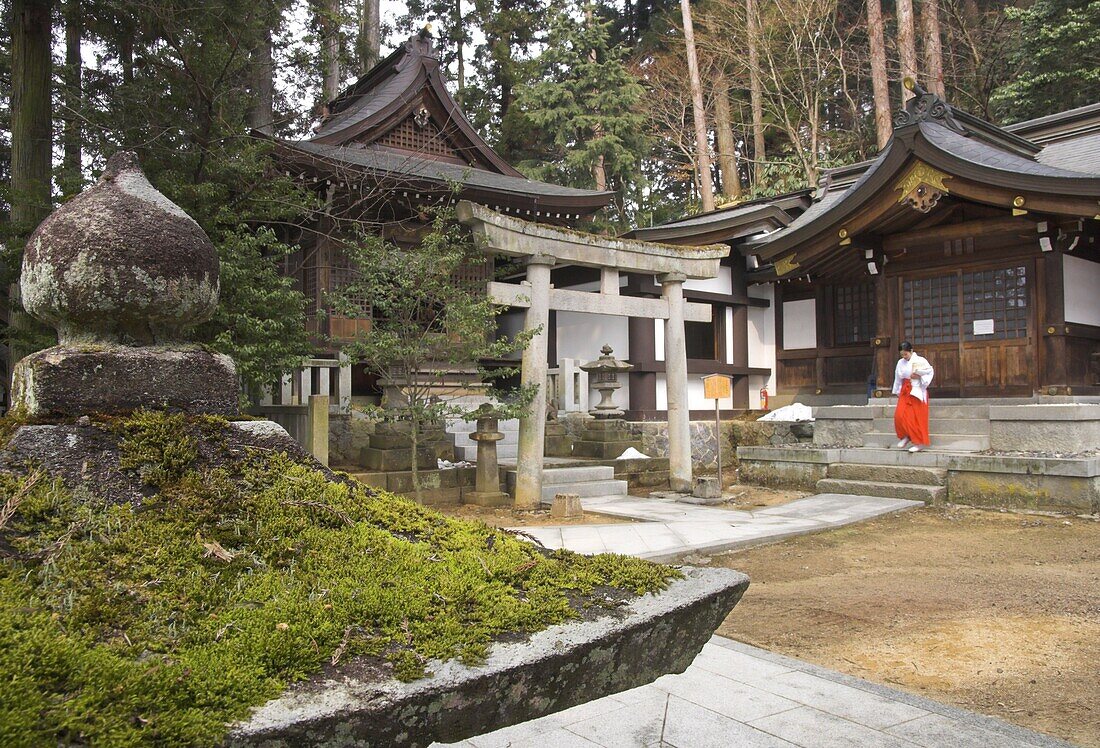 Courtyard with temple buildings and female priest wearing traditional red trousers on the stairs, Sakurayama Nikko Kan temple, Takayama, Hida District, Honshu, Japan, Asia