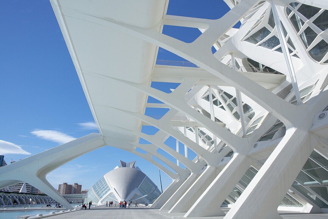 Principe Felipe Science Museum with Hemisferic in background, City of Arts and Sciences, Valencia, Spain, Europe