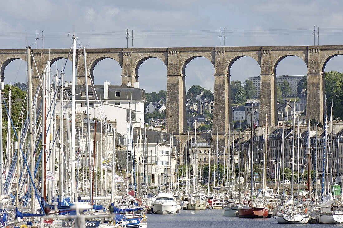 Town of Morlaix and its viaduct, North Finistere, Brittany, France, Europe