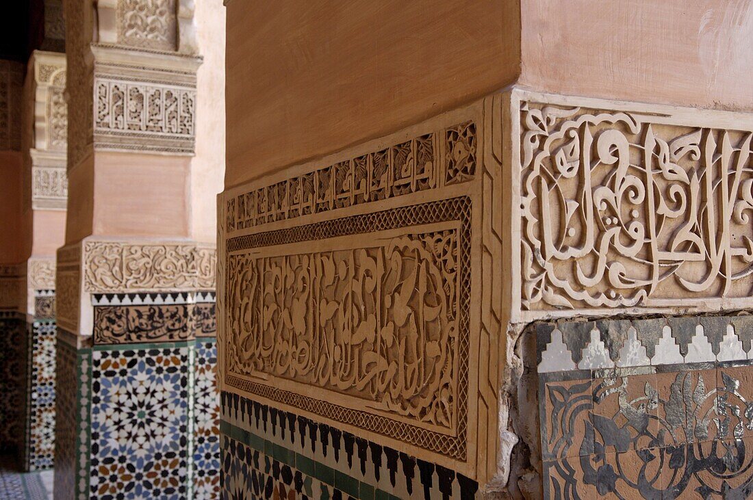 The Medersa Ben Youssef, the largest in Morocco, built by the Almoravide dynasty and then rebuilt in the 19th century, richly decorated in marble, carved wood and plasterwork, Medina, Marrakesh, Morroco, North Africa, Africa