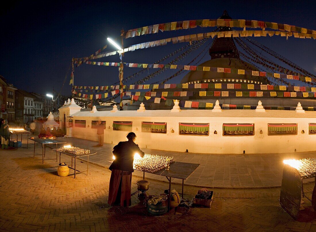 Boudha, a large Tibetan stupa at Bodhnath, shortly before sunrise on the first day of Lhosar (Tibetan New Year), UNESCO World Heritage Site, Kathmandu, Nepal, Asia
