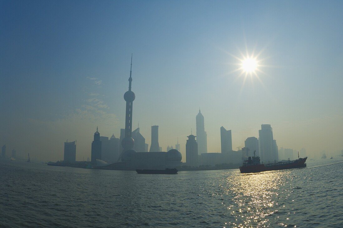 Lujiazui Finance and Trade zone, with Oriental Pearl Tower, and Huangpu River, Pudong New Area, Shanghai, China, Asia