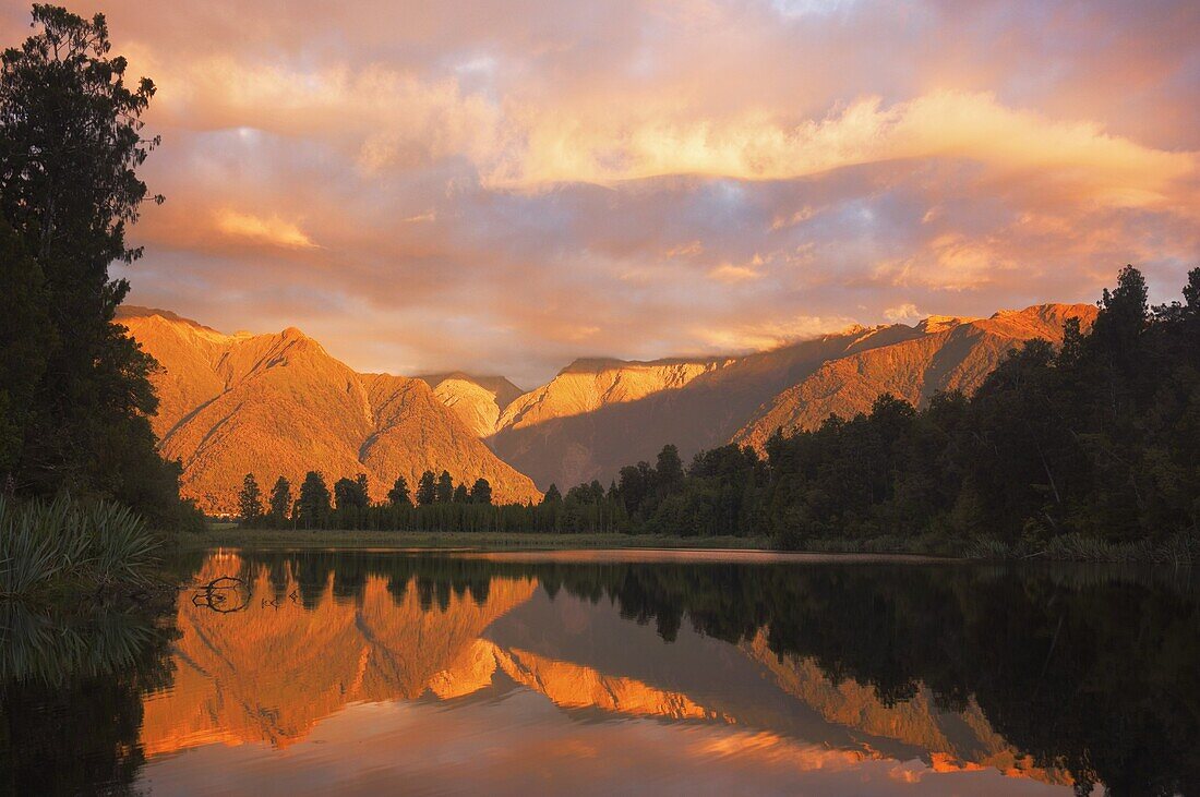 Sunset, Lake Matheson and Southern Alps, Westland, South Island, New Zealand, Pacific