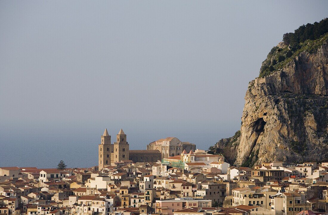 Distant view of Cathedral, Piazza Duomo, Cefalu, Sicily, Italy, Europe