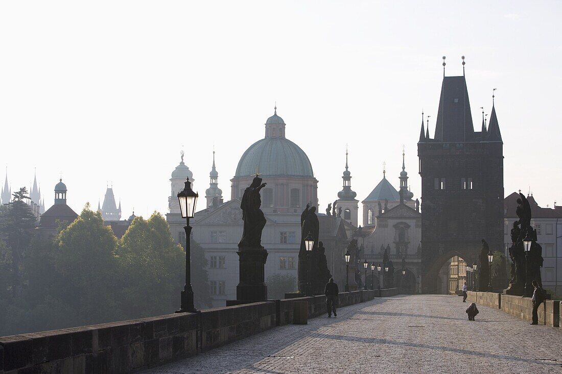 Morning light, Charles Bridge, UNESCO World Heritage Site, Church of St. Francis dome, Old Town Bridge Tower, Old Town, Prague, Czech Republic, Europe