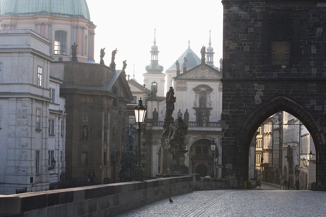 Morning light, Charles Bridge, Church of St. Francis dome, Old Town Bridge Tower, Old Town, Prague, Czech Republic, Europe