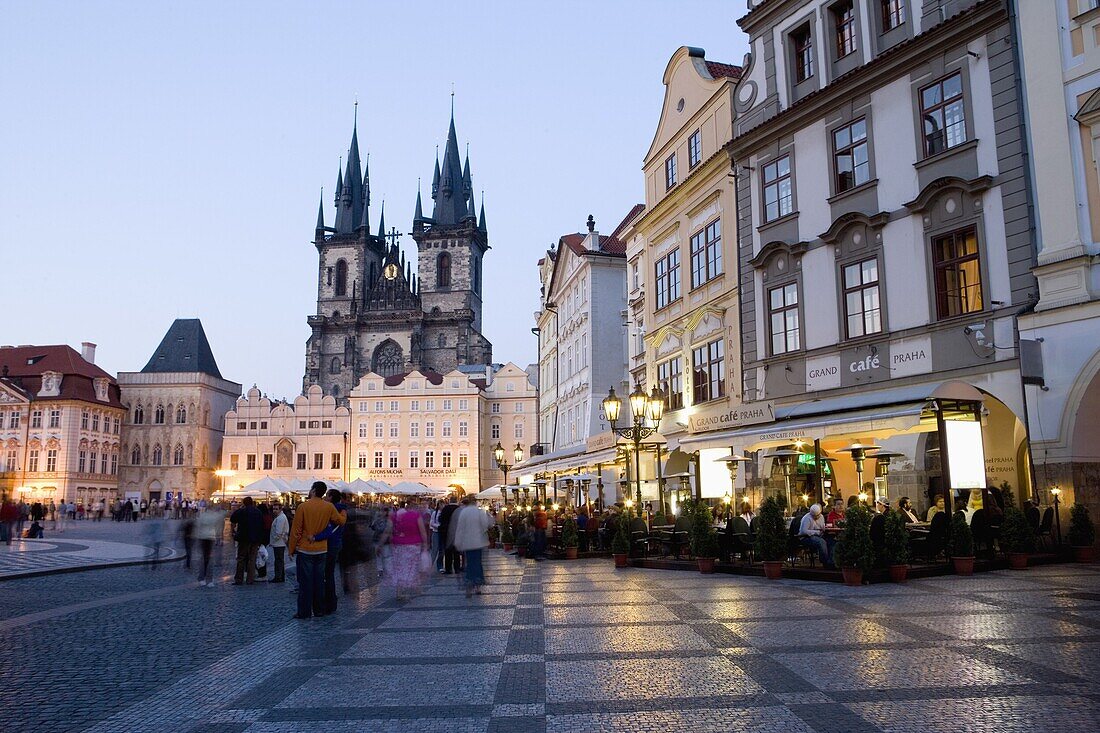 Evening, cafes, Old Town Square, Church of Our Lady before Tyn, Old Town, Prague, Czech Republic, Europe