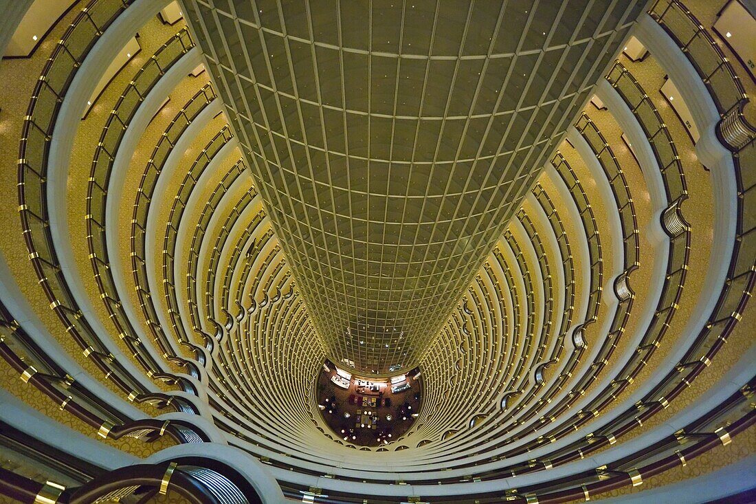 View taken from the 85th floor of the Jin Mao Building looks down to the 55th floor, Atrium of the Grand Hyatt Hotel, Pudong, Shanghai, China, Asia