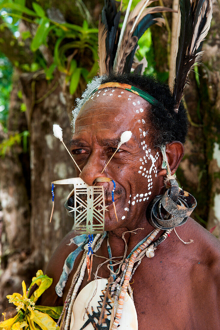 Tribesman during traditional dance and cultural performance, Pigeon Island, Santa Cruz Islands, Solomon Islands, South Pacific