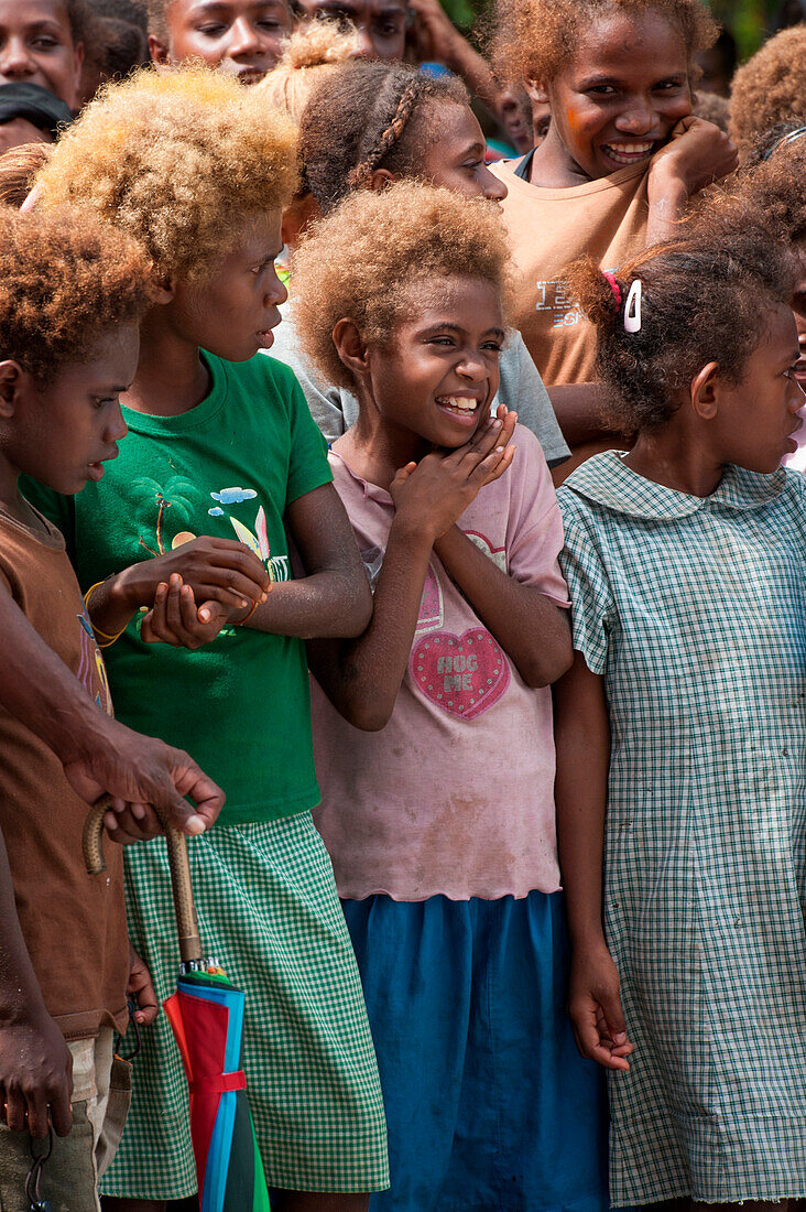 Teenage girls with light-colored hair, Nendo Island, Santa Cruz Islands, Solomon Islands, South Pacific