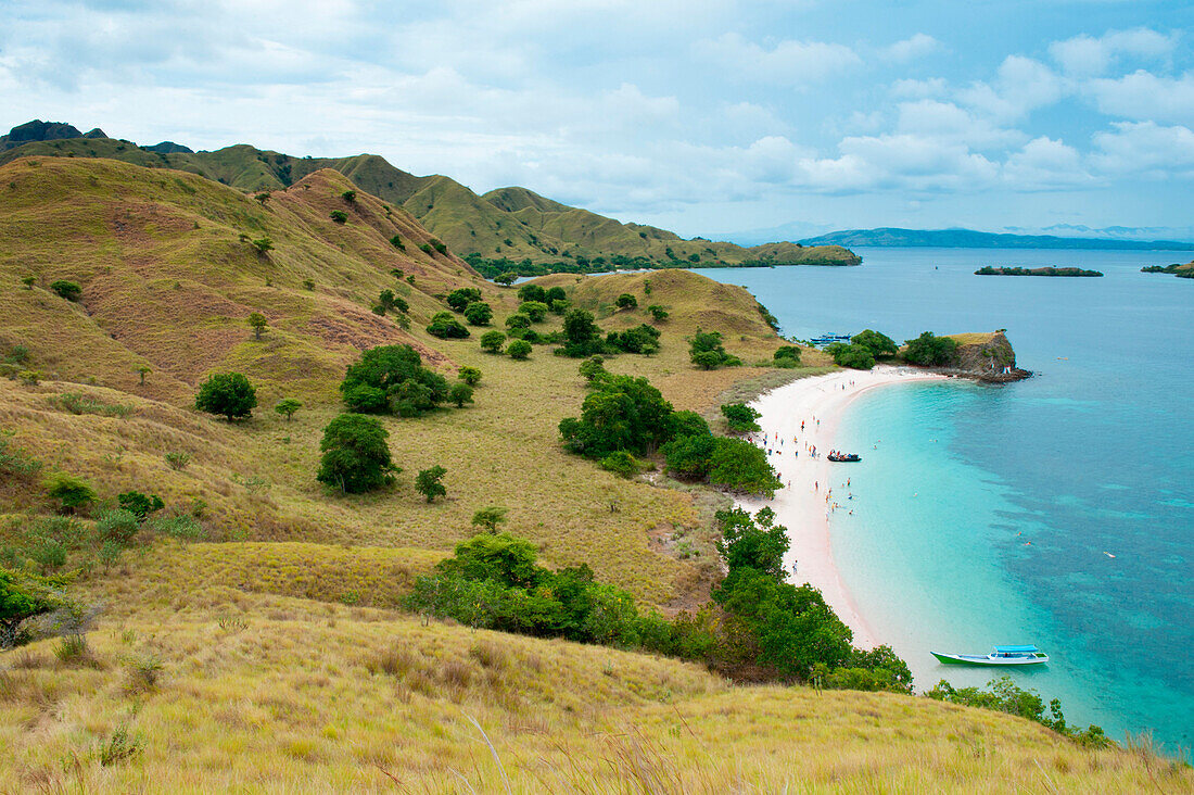 Blick über den Strand Pink Beach mit schwimmenden Menschen, Komodo, Indonesien, Asien