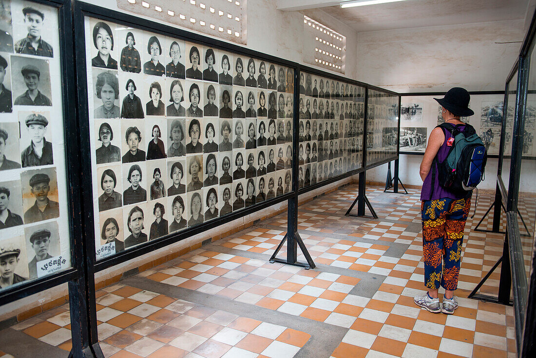 Photos of deceased women in Tuol Sleng Museum (also known as S-21), Phnom Penh, Phnom Penh, Cambodia, Asia