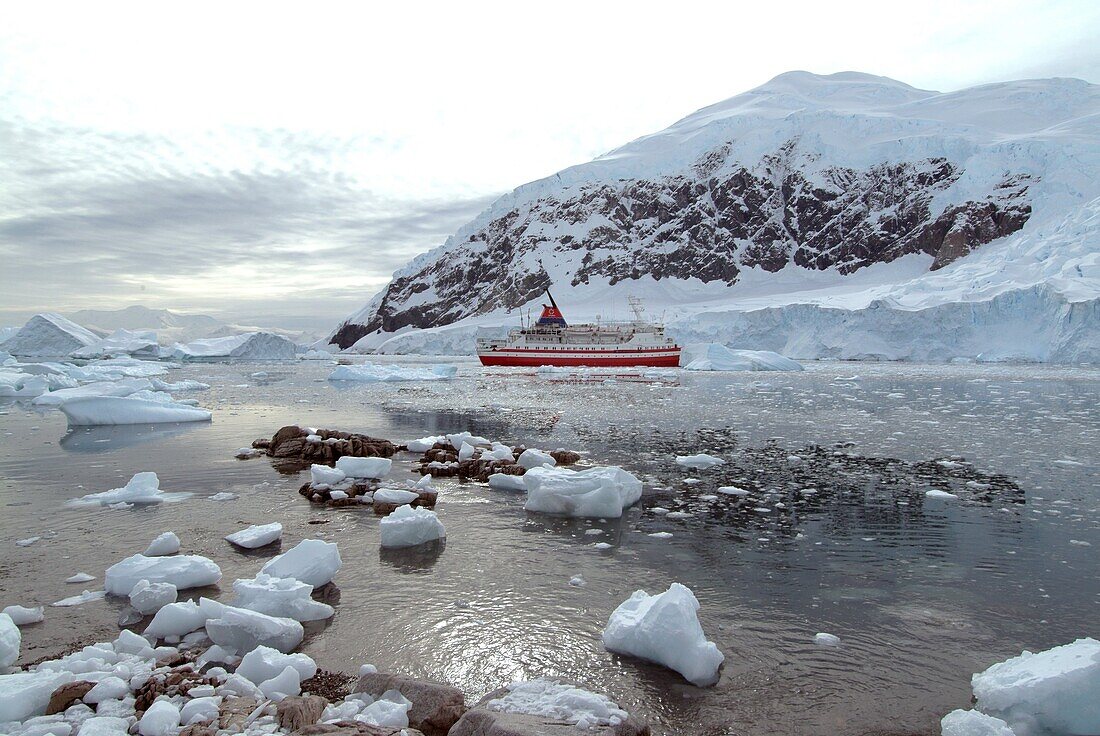 Cruise ship moored at Neko Harbor, Antarctica, Polar Regions