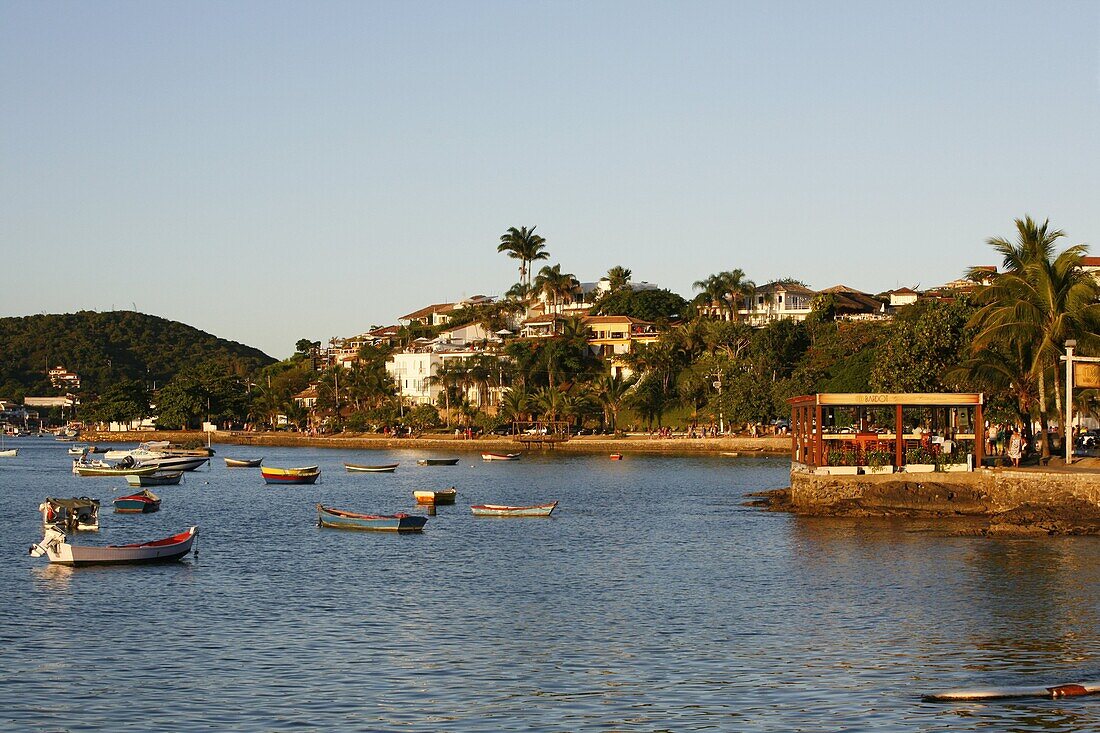 View over Canto Beach and the Orla Bardot promenade, Buzios, Rio de Janeiro State, Brazil, South America