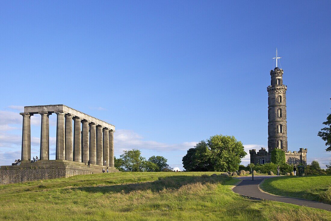 Nelson's and the National Monument, Calton Hill in summer sunshine, Edinburgh, Scotland, United Kingdom, Europe