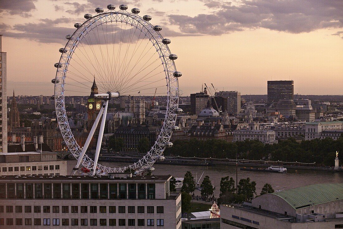 View over London West End skyline with the London Eye in the foreground, London, England, United Kingdom, Europe