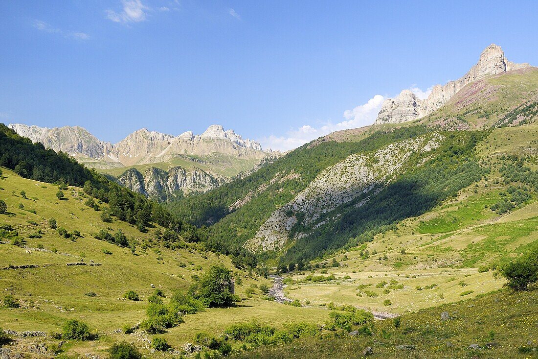 Rio Aragon Subordan and upper Hecho valley overlooked by karst limestone peaks and woods, Huesca, Aragon, Spain, Europe
