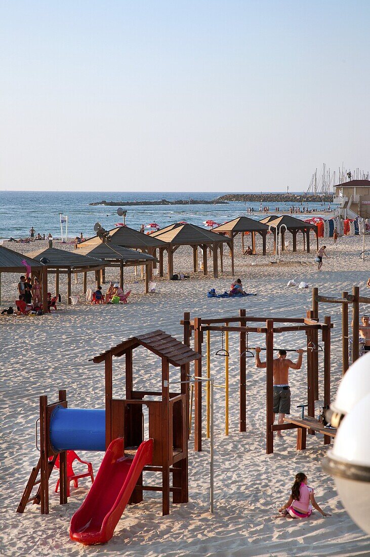 Beach huts and Leisure Area at Gordon Beach, Tel Aviv, Israel, Middle East