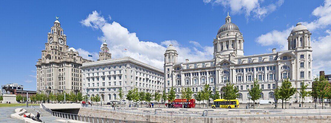 Pierhead Three Graces buildings, Liverpool Waterfront, UNESCO World Heritage Site, Liverpool, Merseyside, England, United Kingdom, Europe