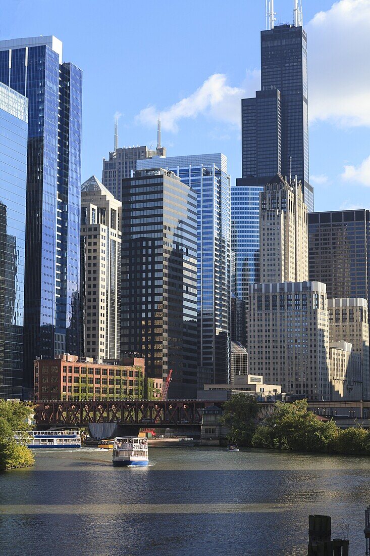 Skyscrapers including Willis Tower, formerly the Sears Tower, in Downtown Chicago by the Chicago River, Chicago, Illinois, United States of America, North America