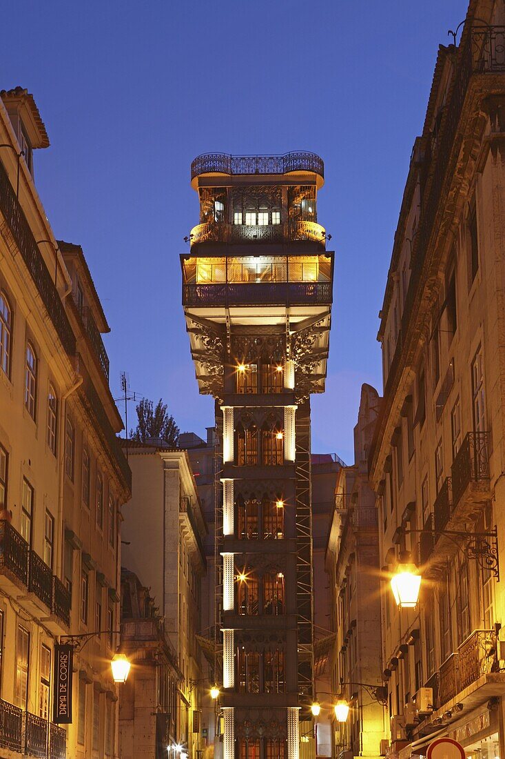 Santa Justa Elevator (Elevador de Santa Justa), also known as the Carmo Lift (Elevador do Carmo) at night, Baixa, Lisbon, Portugal, Europe
