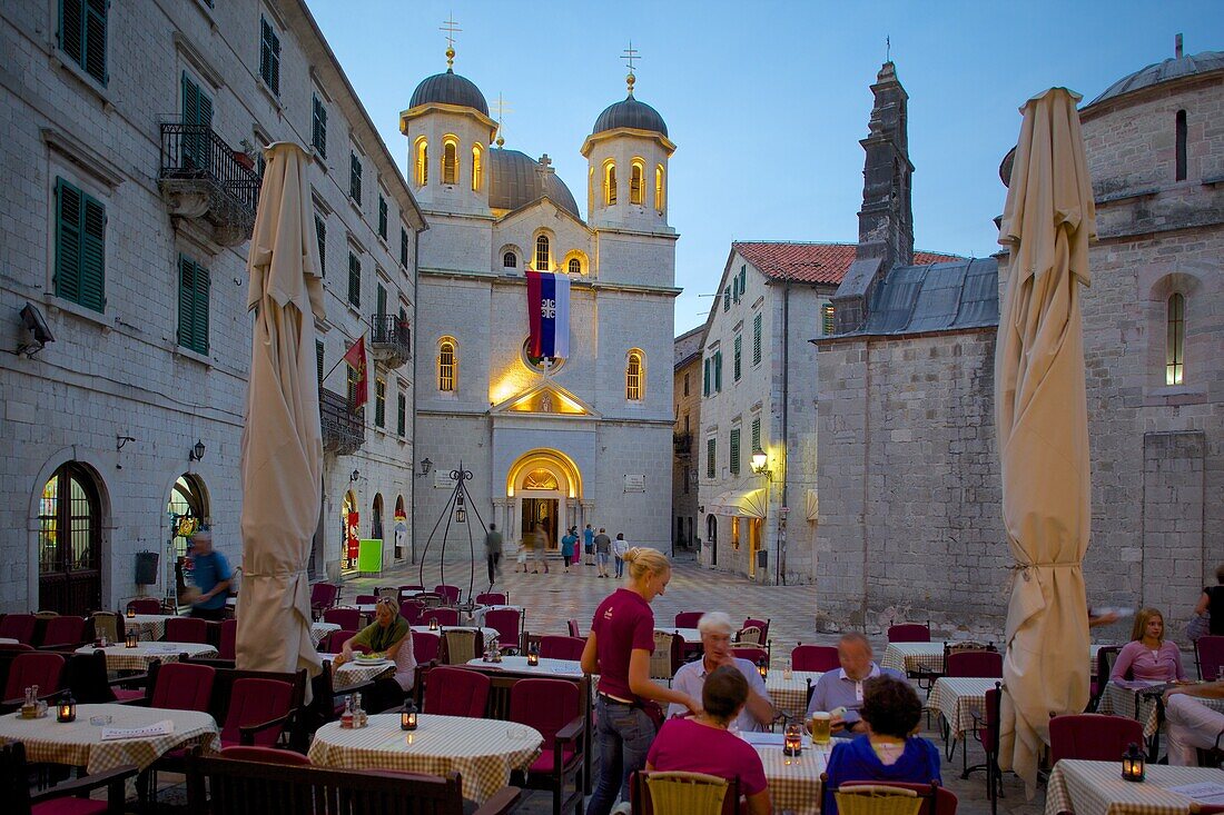 St. Nicholas Serbian Orthodox Church at dusk, Old Town, UNESCO World Heritage Site, Kotor, Montenegro, Europe